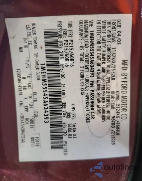 2005 Mercury Sable Ls Premium from USA, damaged, VIN 1MEHM55S45A634393